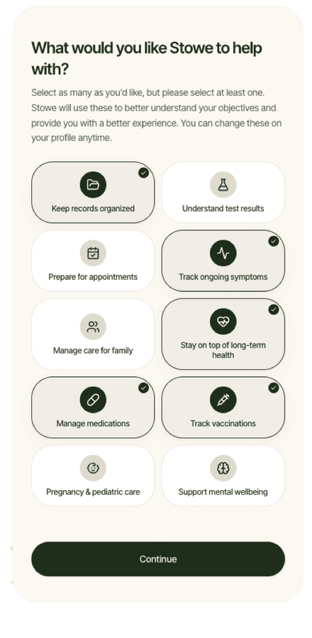 App screen showing many kinds of health and wellness records stored in Stowe