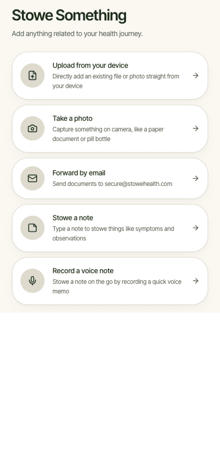 App screen showing Stowe's five easy upload options