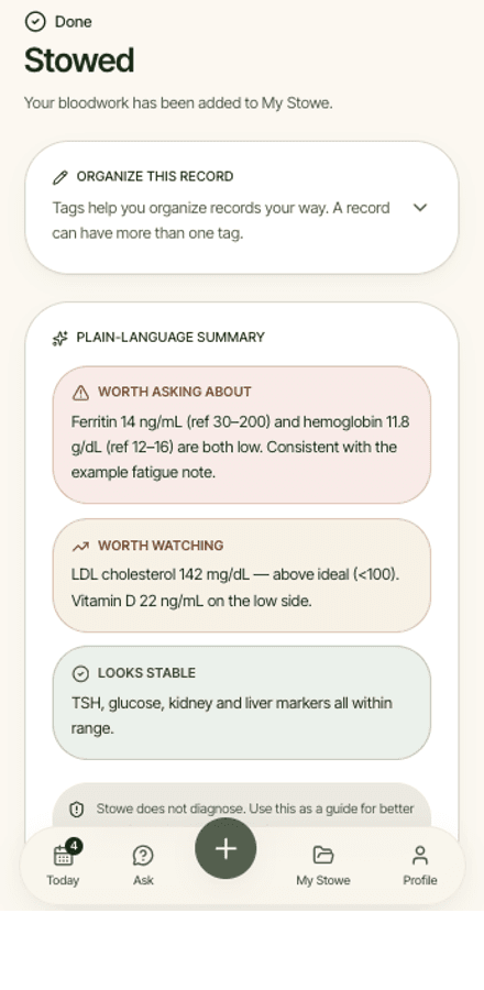 A plain language summary of a medical document in the Stowe app